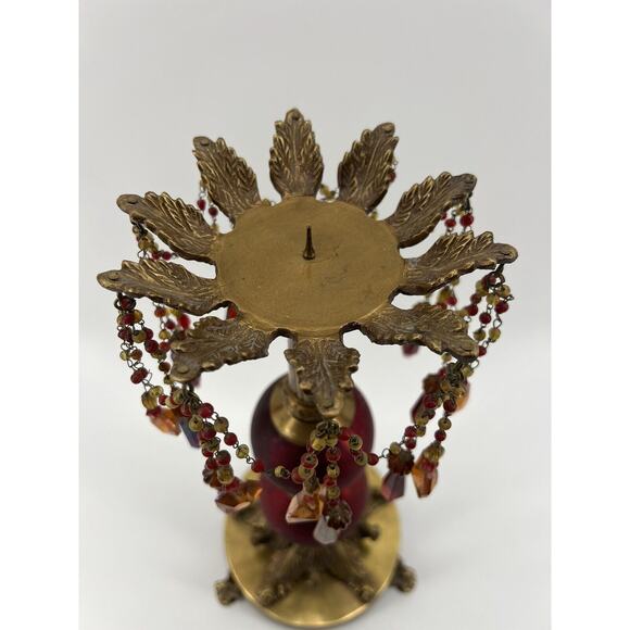 Victorian Baroque Ornate Beaded Ruby Red Glass Brass Candle Holder Prisms - Picture 2 of 11
